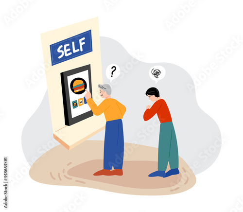 An old man does not know how to use a kiosk.
