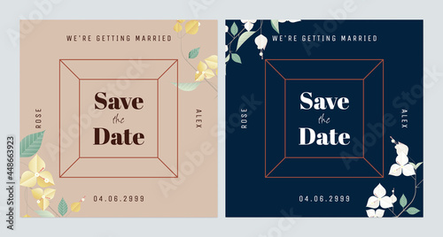 Floral wedding invitation card template design, bougainvillea flowers and leaves, bright and dark theme