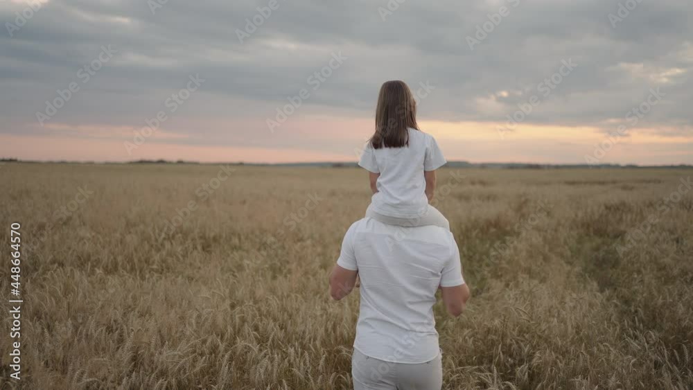 view from the back: Daddy carries on his shoulders his beloved little healthy daughter in sun. In slow motion, the daughter walks with her father on the field and free and happy waves her hands up. view from the back: Daddy carries on his shoulders his beloved little healthy daughter in sun. In slow motion, the daughter walks with her father on the field and free and happy waves her hands up.