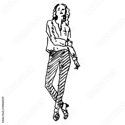 Standing slender young woman wearing fancy pants and a shirt. Female portrait. Pretty sexy blonde girl. Hand drawn linear doodle rough sketch. Black ink silhouette on white background. 