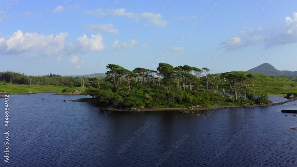 Pine Island, Derryclare Lough, Connemara, County Galway, July 2021. Drone slowly orbits Pine Island, facing south while gradually ascending with the Twelve Bens mountains in the distance. Pine Island, Derryclare Lough, Connemara, County Galway, July 2021. Drone slowly orbits Pine Island, facing south while gradually ascending with the Twelve Bens mountains in the distance.