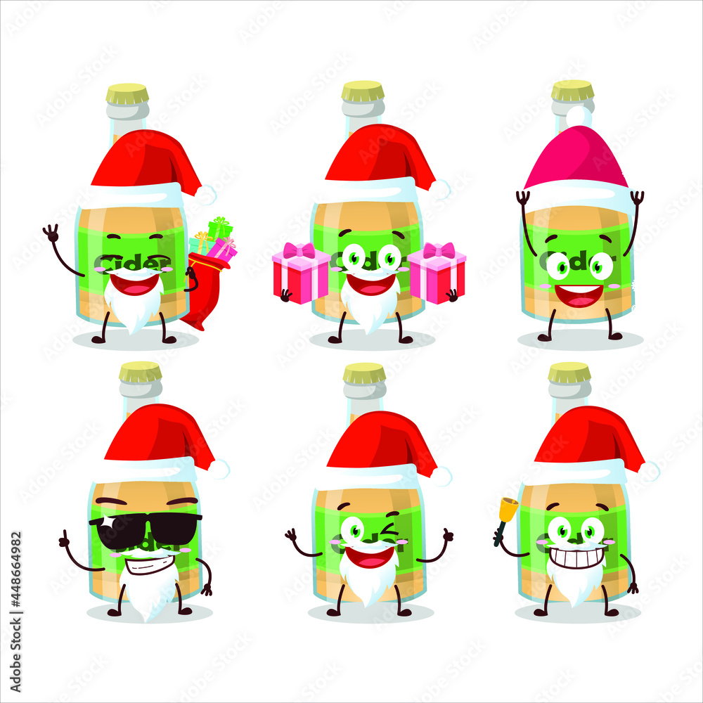 Santa Claus emoticons with cider bottle cartoon character. Vector illustration