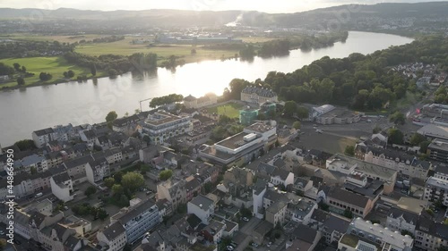 Neuwied town by Rhine river.  Aerial towards the Neuwied castle, Rhineland-Palatinate, Germany photo