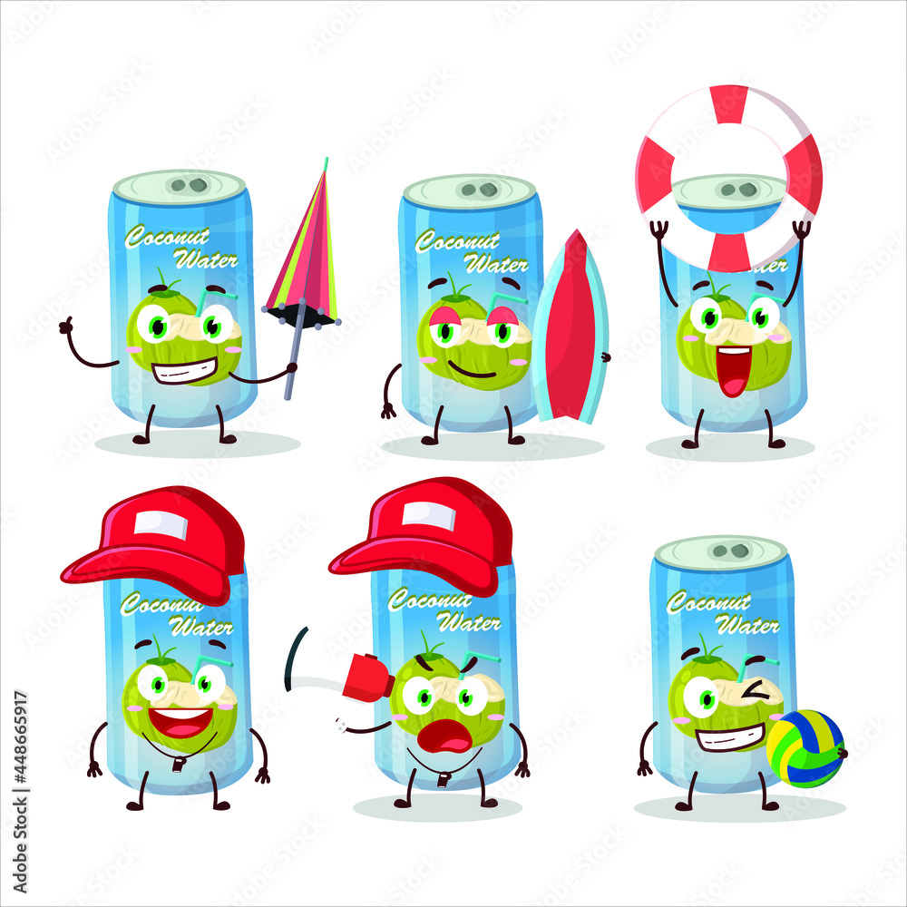 Happy Face coconut water can cartoon character playing on a beach. Vector illustration
