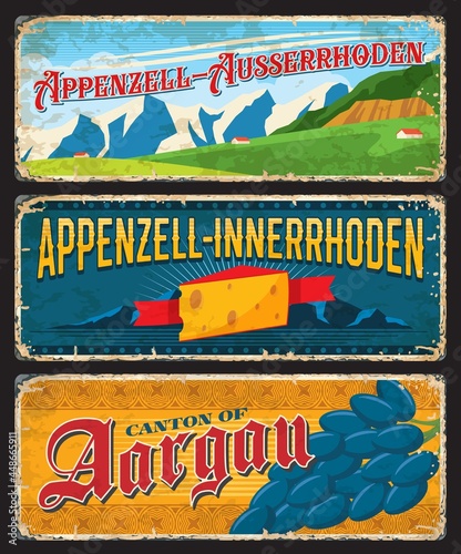 Appenzell-Ausserrhoden, Appenzell-Innerrhoden and Argau Swiss canton plates. Vector vintage banners with Switzerland cheese, grapes and mountains. Travel touristic landmark signs, retro grunge boards photo