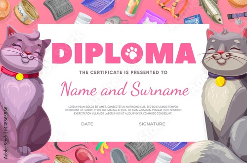 Pet care diploma, cat and kitten vector certificate with cartoon pets stuff and cute cats. Education school or kindergarten graduation border with zoo market equipment for animals. Kids award frame