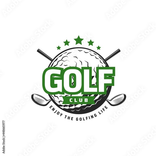 Golf sport icon with crossed clubs and ball. Vector golfer equipment isolated symbol of driver or wedge clubs, ball and green stars, golf sport club, sporting tournament and outdoor hobby design