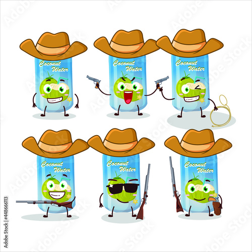Cool cowboy coconut water can cartoon character with a cute hat. Vector illustration