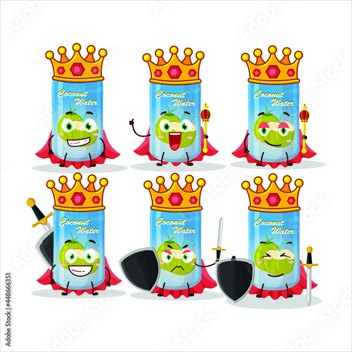 A Charismatic King coconut water can cartoon character wearing a gold crown. Vector illustration