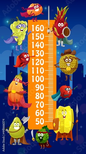 Kids height chart, cartoon fruits superheroes growth meter. Vector wall sticker with cute characters pear, durian, grapes, orange with plum and dragon or star fruit super heroes, fairy tale knights