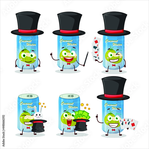 A coconut water can Magician cartoon character perform on a stage. Vector illustration