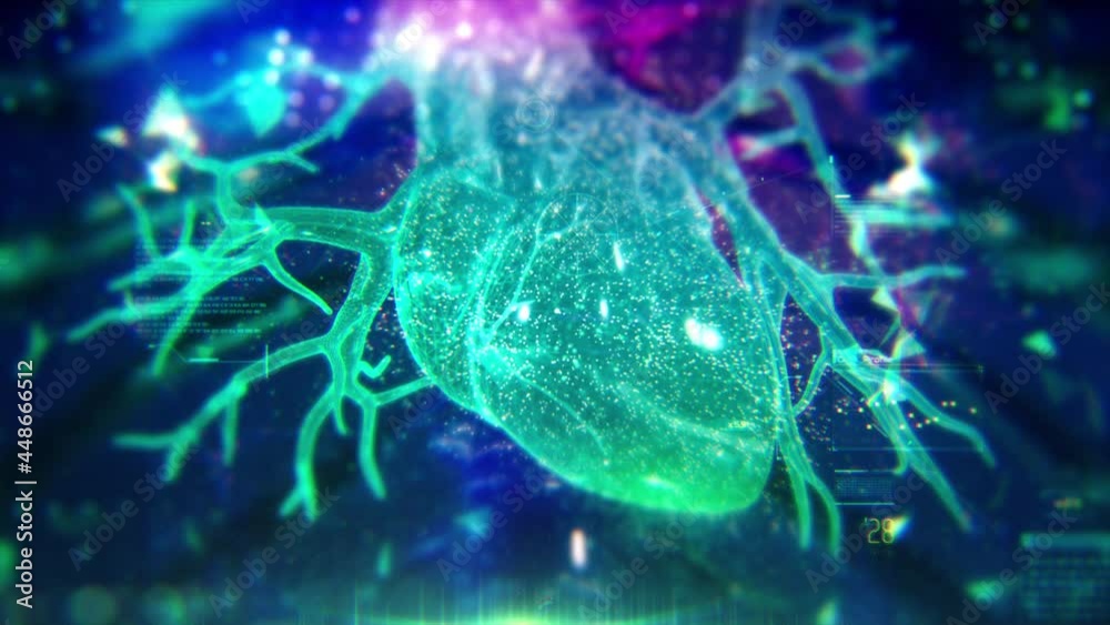 Colorful Human Heart animation with infographics and particles. Plexus. Futuristic and Artistic concept of human anatomy. 4K
