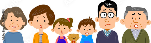 困った表情の三世代家族の上半身のイラスト
