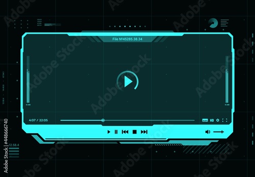 HUD video and sound player futuristic screen interface, vector multimedia play. HUD video or music web player, for audio media and online live streaming with pause player buttons, video frame