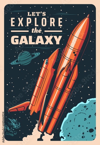Space rocket and shuttle in galaxy vector vintage poster. Mother missile booster with shuttle on board take off from Earth cosmodrome in Universe. Cosmos research, exploration mission retro card