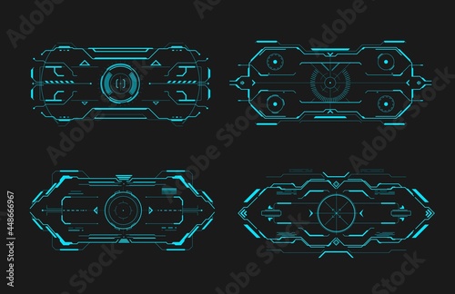 HUD aim control frame interface futuristic target screen. Vector ski-fi monitors, UI techno elements, military optical aiming, spaceship crosshairs. Modern collimator sight, gun focus range indication