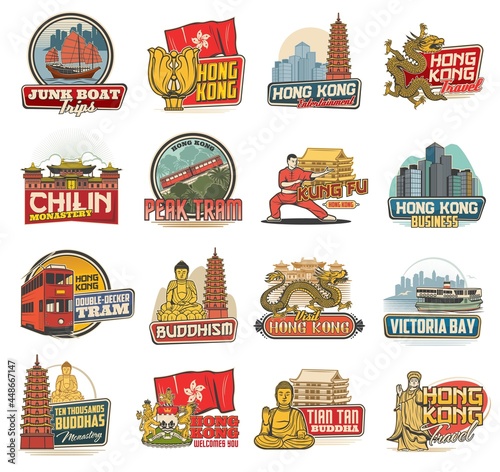 Hong Kong vector icons with Chinese travel landmarks, religion and culture symbols. Isolated Hong Kong flag with bauhinia flower, Buddha statue and temple pagoda, skyscrapers, dragons and coat of arms