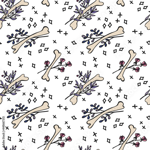 Vector seamless pattern with bones and plants. Hand drawn illustration. The print is used for Wallpaper design, fabric, textile, packaging.