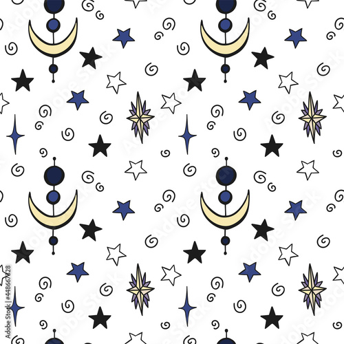 Vector seamless pattern with stars and moon. Hand drawn illustration. The print is used for Wallpaper design, fabric, textile, packaging.