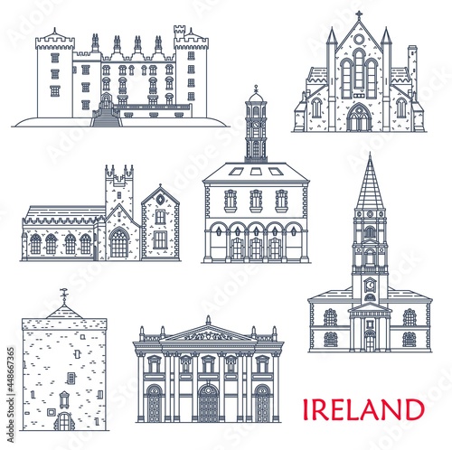 Ireland architecture landmarks and buildings, travel sightseeing vector icons. Munster Saint Trinity church, St Canice Cathedral, Black Abbey and Kilkenny castle, Tholsel City Hall and Reginald Tower