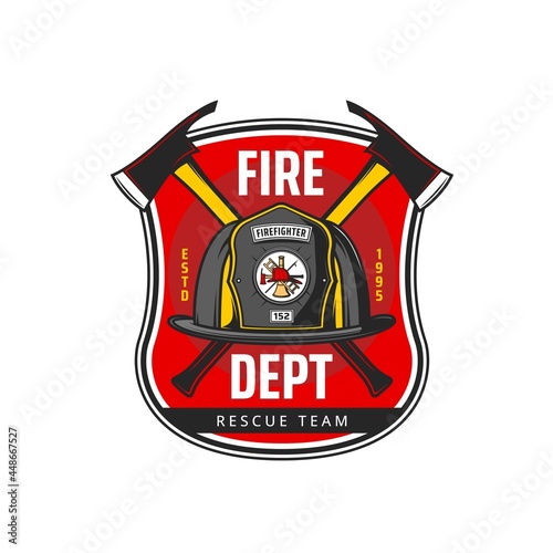 Fire department icon with vector fireman or firefighter helmet and crossed axes, ladder and hook. Firefighting equipment and tools isolated heraldic shield or badge design of fire and rescue service