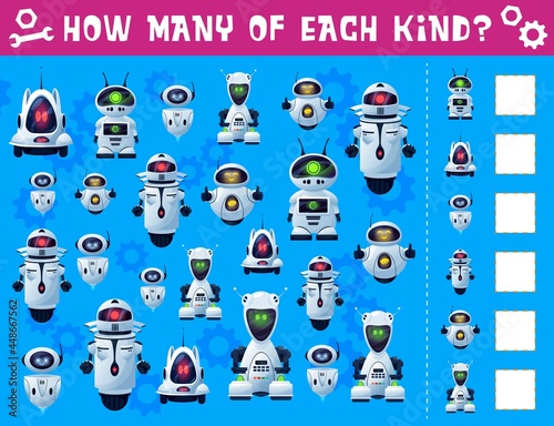 Robots and droids kids I spy game. Children riddle, counting puzzle or quiz book page template with future androids, fantasy robots or alien droids with antennas, wheels and glowing neon light eyes