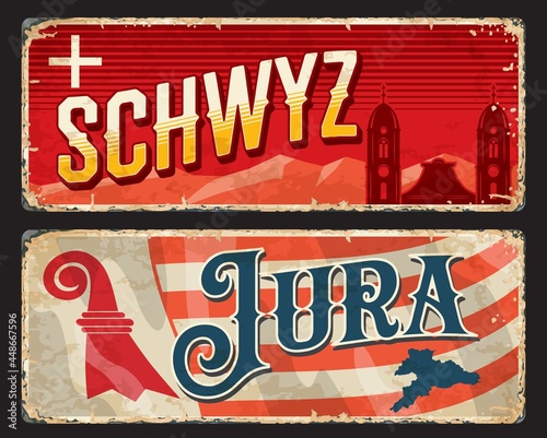 Schwyz and Jura Swiss cantons vintage plates. Switzerland regions retro vector tin sign. European trip grunge banners with canton flag and coat of arms symbols, Einsiedeln Abbey belfry and map photo