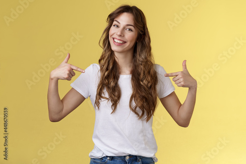 If you want professional its me. Sassy good-looking confident outgoing young woman introduce herself bragging own accomplishments pointing her chest smiling satisfied yellow background