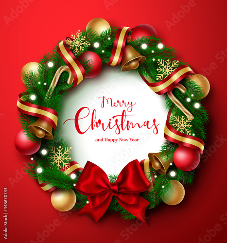 Christmas wreath vector design. Merry christmas and happy new year greeting text in wreath fir branches element with colorful ball, bell and ribbon xmas decoration in red background.