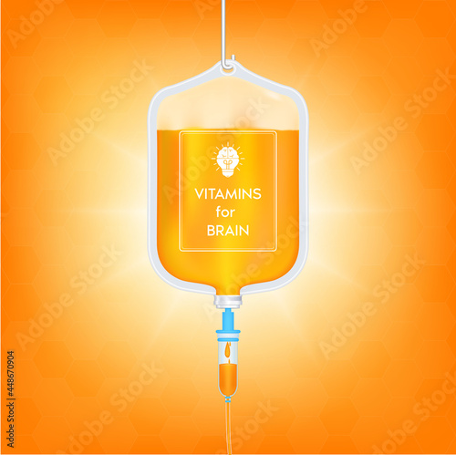 Saline bag vitamins orange for brain. Best food for strong brain. Medical concepts and health supplements. Realistic 3D Vector illustration.