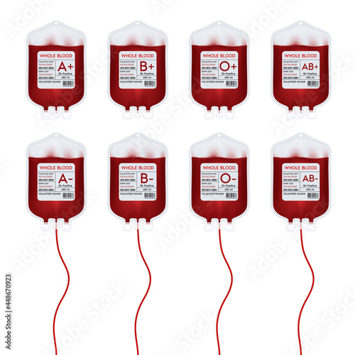 Blood bag red with label different blood group A, B, O and Rh system. Blood donation ideas to help the injured medical. 3D Vector EPS10 illustration