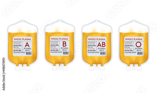 Plasma blood bag with label different Plasma group A, B, O and Rh system. Plasma donation ideas to help the injured medical. 3D Vector EPS10 illustration