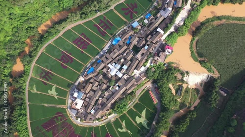 Aerial view of colorful rice fields in Yunnan, China photo