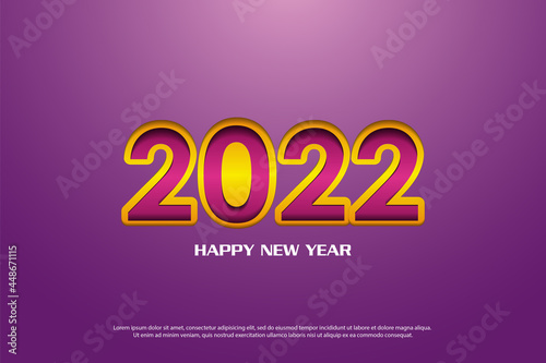 happy new year 2022 on a bright purple background with a little light effect.