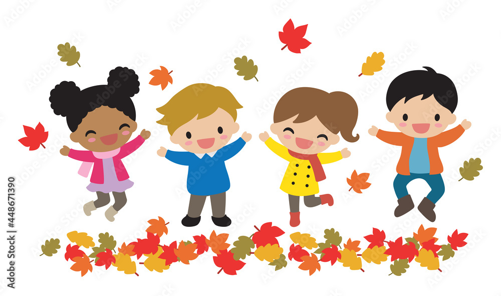 Cute kids including boys and girls playing and jumping with falling maple leaves in autumn vector illustration. Cute kids including boys and girls playing and jumping with falling maple leaves in autumn vector illustration.