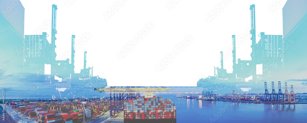 Double exposure Container loading in container yard with container handlers and Rear view cargo container ship. Business Logistics and Transportation concept.