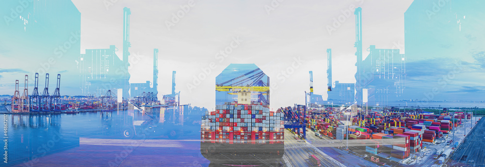 Double exposure Container loading in container yard with container handlers and Rear view cargo container ship. Business Logistics and Transportation concept.