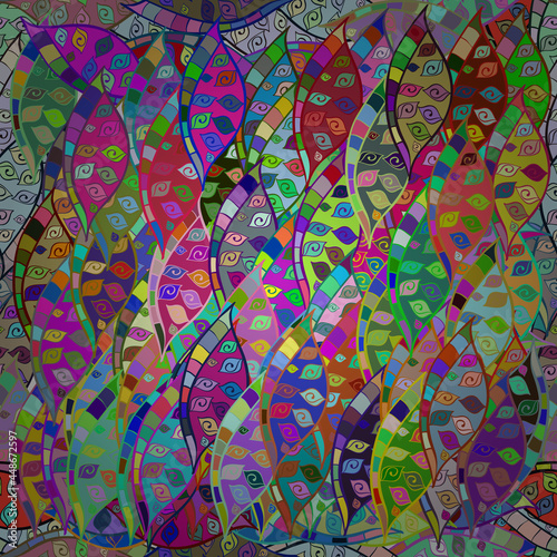 Seamless pattern with interesting doodles on colorfil background. Vector illustration.