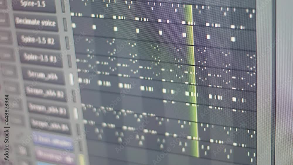 Screen monitor of many track during playback of digital DAW with playback head is moving. in Action. Screen monitor of many track during playback of digital DAW with playback head is moving. in Action.