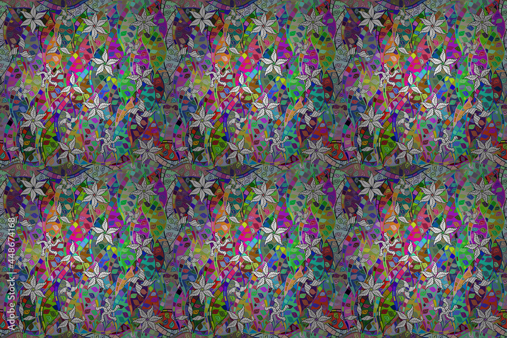 Seamless pattern with interesting doodles on colorfil background. Pano. Raster illustration.