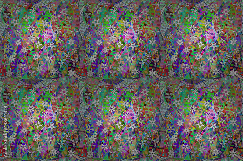 Seamless pattern with interesting doodles on colorfil background. Pano. Raster illustration. photo