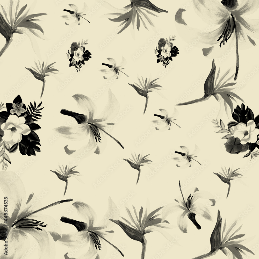 Gray Pattern Leaves. Black Tropical Hibiscus. White Floral Texture. Decoration Leaf. Floral Foliage. Summer Illustration. Spring Texture. Wallpaper Exotic.