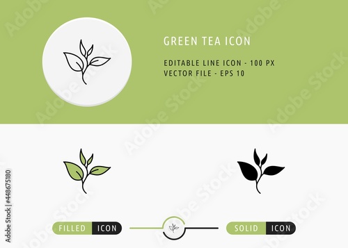 Green tea icons set editable stroke vector illustration. Nature tea leaves symbol. Icon line style on isolated background for ui mobile app, web design, and presentation.