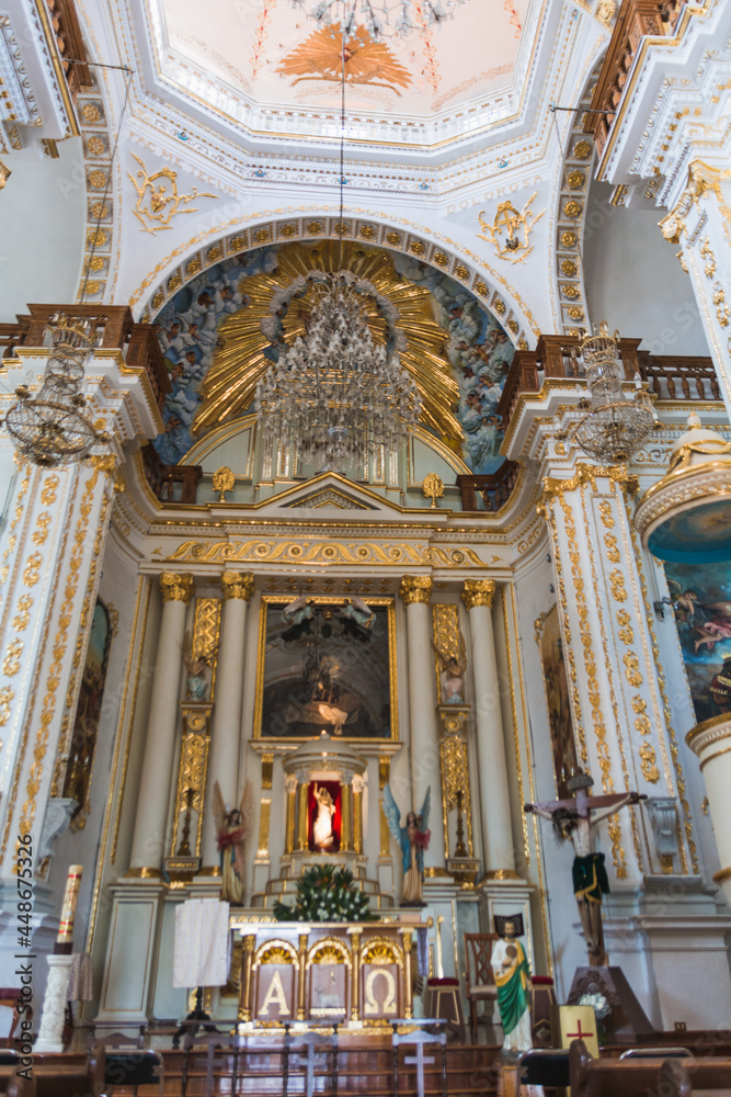 Details inside the Church of the Cerro de los Magueyes in Metepec, State of Mexico, also known as the Church of Calvario, prostrate on the hill gives a pleasant view.