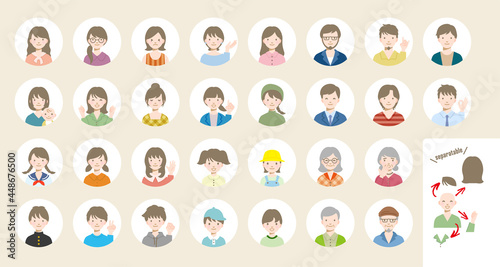 Set of various vector avatars, Simple illustration of male and female faces, separatable and changeable parts © Kbiscuit