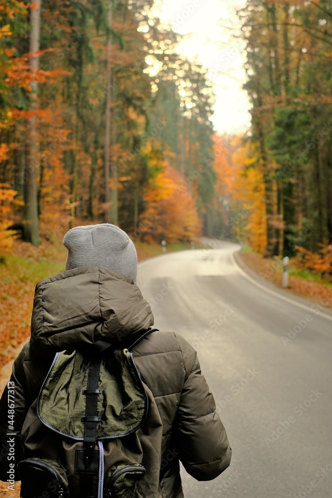  Autumn hikes and travel.Hitchhiking travel. Girl with a backpack walks along the road in the autumn forest. Walk and sport in the autumn season.Traveler with a backpack.