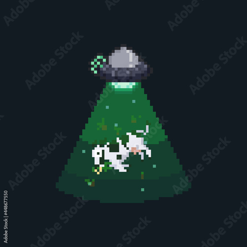Pixel art ufo abducts cow. © Patinya_P_Ang