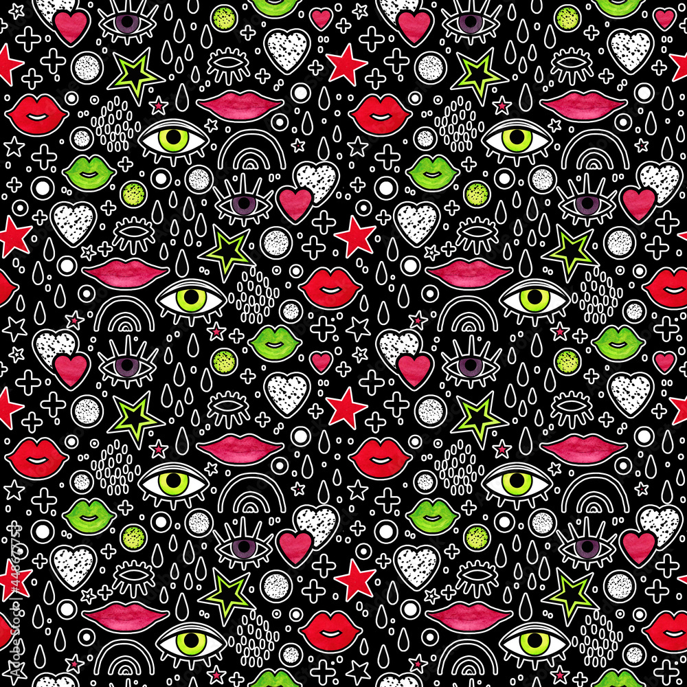 Watercolor pattern with a contour on a black background. A pattern with lips, eyes, stars and hearts. Bright colors. Seamless. Watercolor pattern with a contour on a black background. A pattern with lips, eyes, stars and hearts. Bright colors. Seamless.