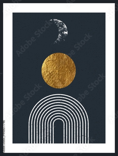 Geometric line balance shapes, rainbow, moon, sun. Boho wall art decor. Mid century modern style print.