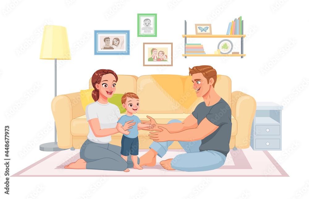 Happy young family at home. Cartoon vector illustration.